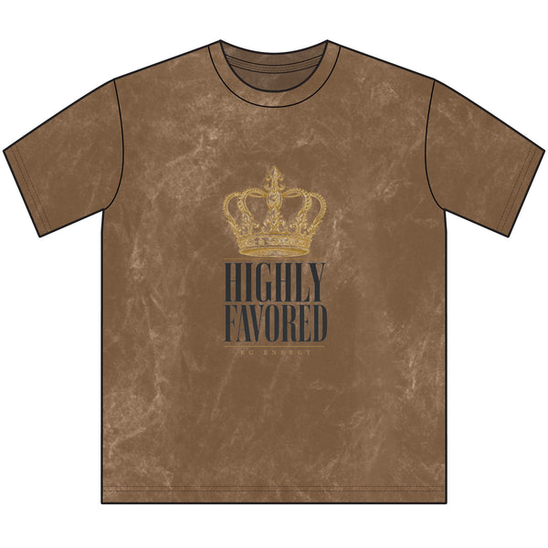 Highly Favored Vintage Crewneck Tee — Crown Graphic Distressed Brown T-Shirt