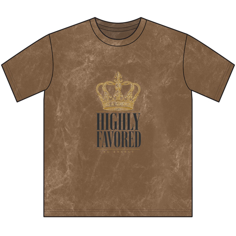 Highly Favored Vintage Crewneck Tee — Crown Graphic Distressed Brown T-Shirt